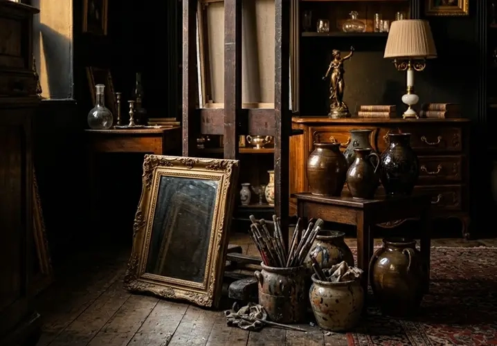 Atelier d’artiste peintre mêlant pinceaux, palette et objets anciens chinés