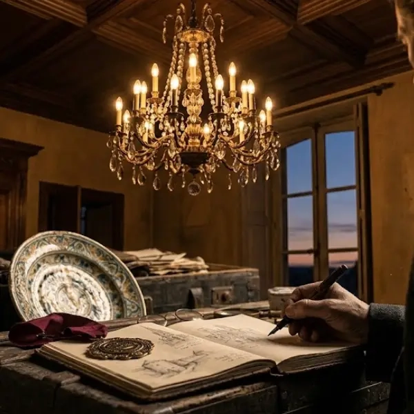 Lustre ancien allumé diffusant une lumière chaleureuse au crépuscule