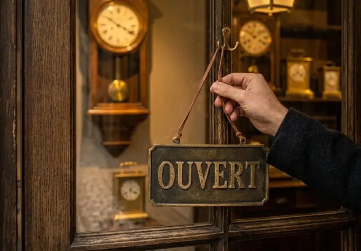 Panneau ouvert à l’entrée de la brocante, horaires de visite