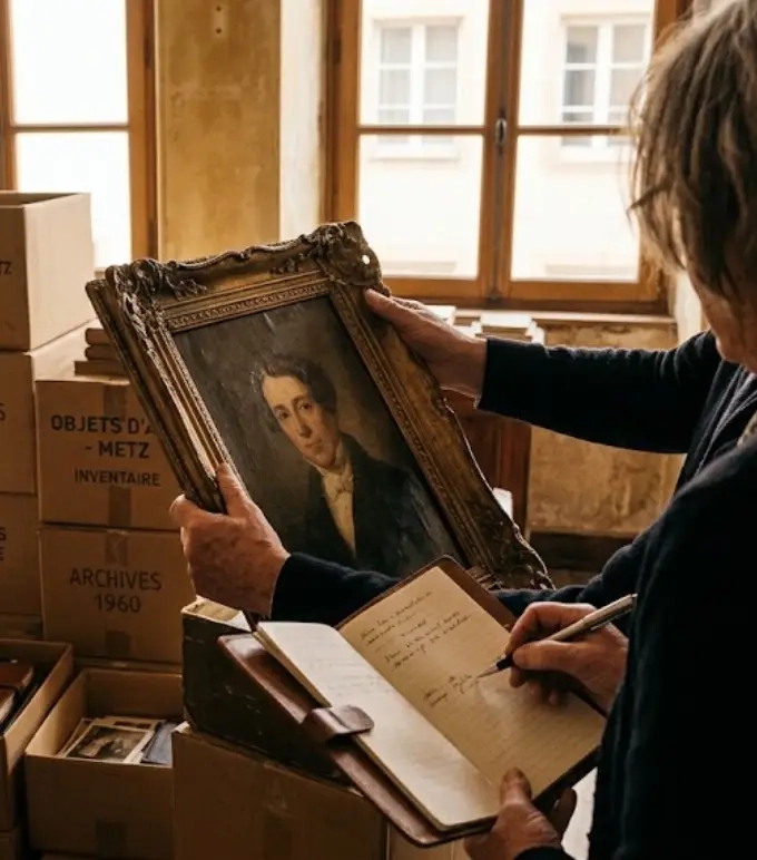 Estimation d’un tableau ancien par le brocanteur chez un particulier