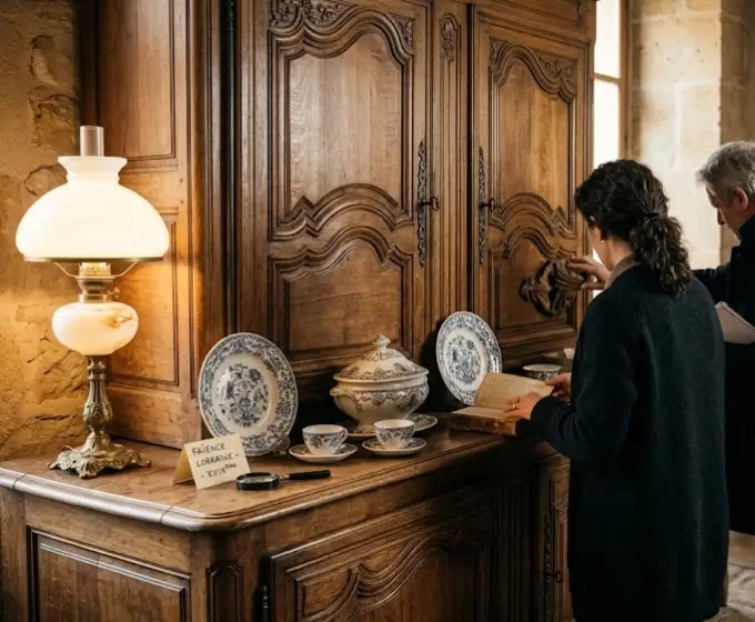 Buffet lorrain et lampe d’opaline valorisés après le vide-maison