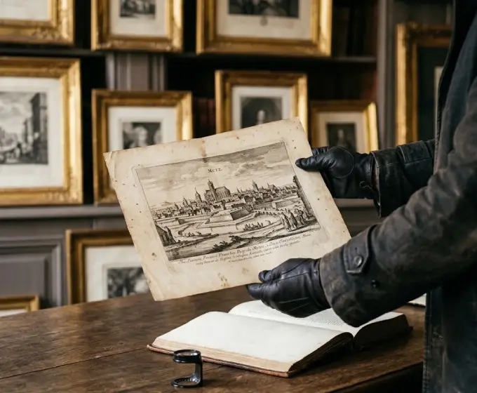 Gravure ancienne examinée avec des gants, vocabulaire de l’art
