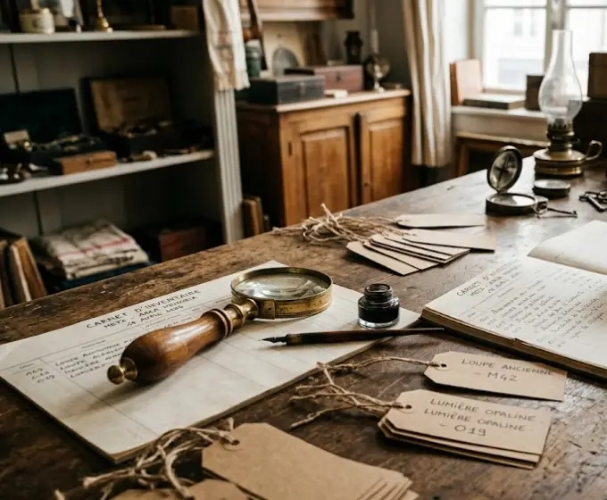 Loupe et carnet d’inventaire sur le comptoir d’un brocanteur