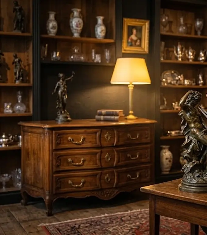 Brocanteur artiste examinant une sculpture dans sa boutique d’objets d’art