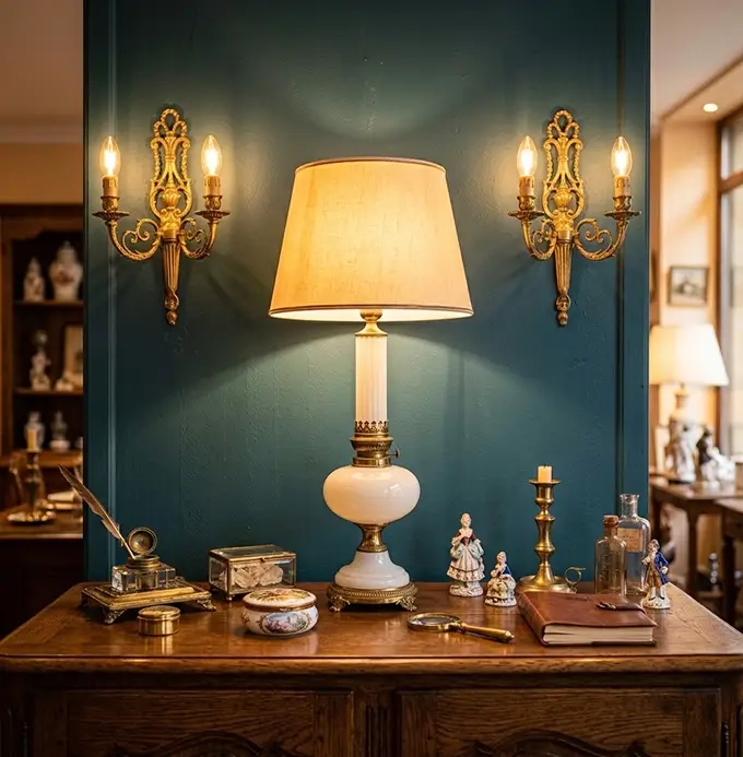 Lampe d’opaline, appliques en laiton et bibelots de décoration ancienne