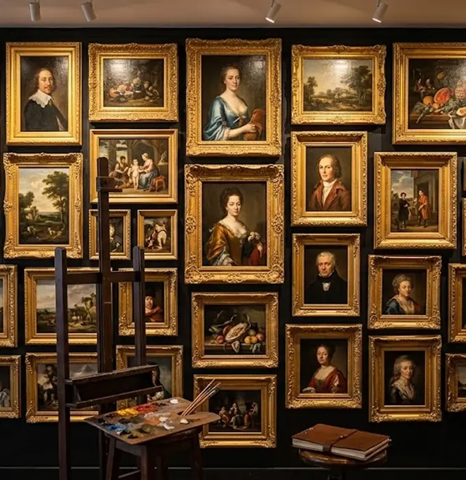 Tableaux et œuvres d’art anciens à cadres dorés sur mur noir