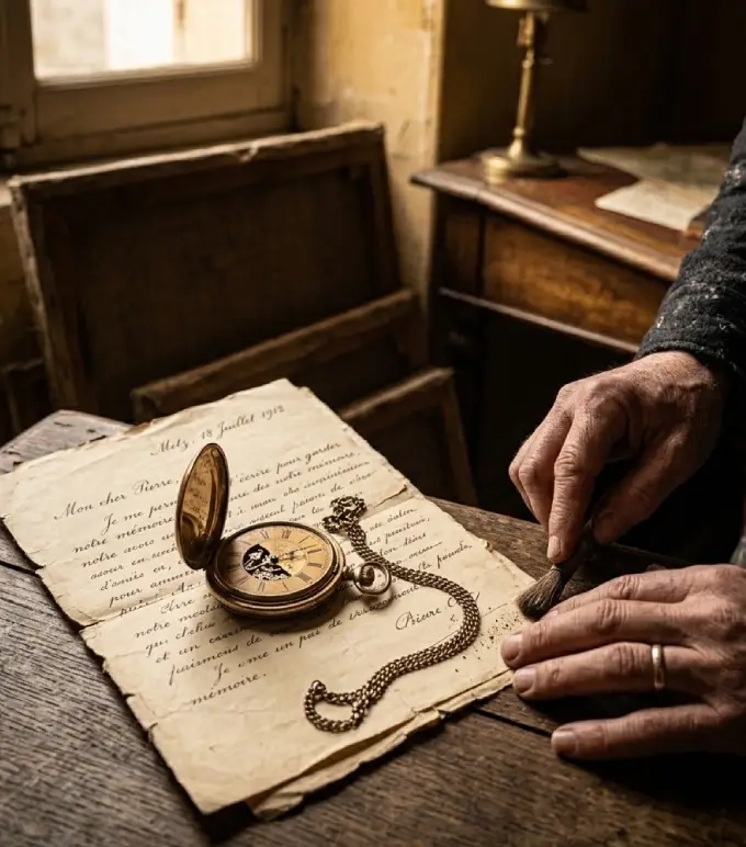 Montre de gousset ancienne sur une lettre manuscrite, objet mémoriel