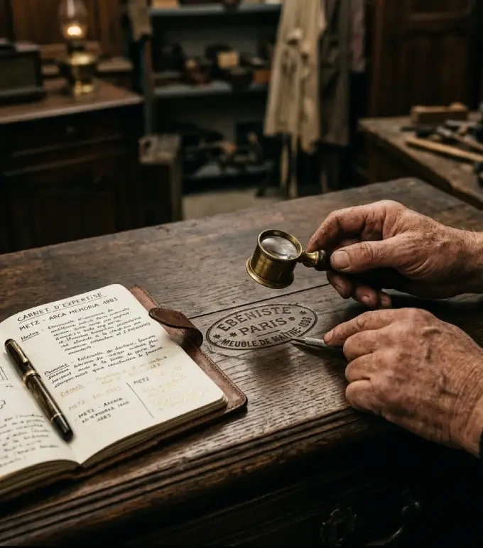 Examen à la loupe d’une estampille lors d’une estimation d’objet ancien