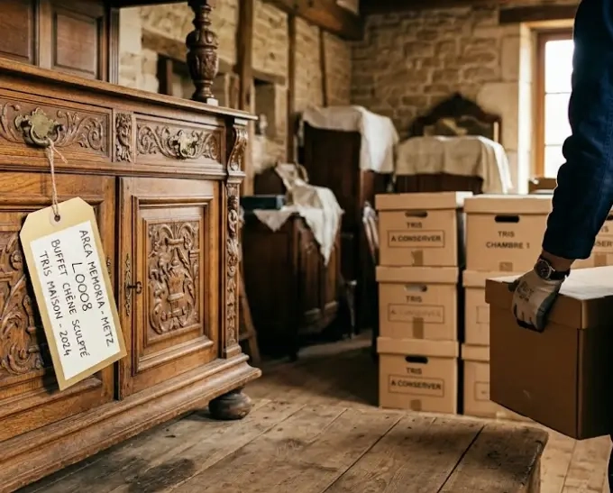 Meuble ancien repéré et étiqueté pour reprise pendant un débarras