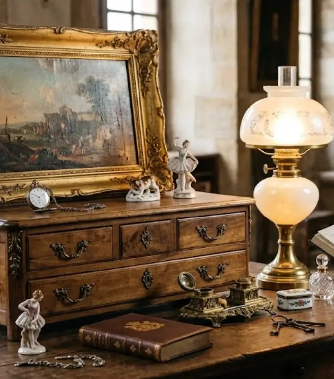 Meubles, tableau et luminaire anciens réunis pour une reprise