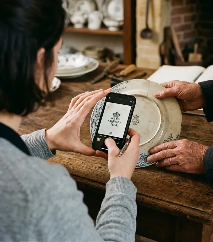 Photographier la marque d’un objet ancien avant une proposition de vente